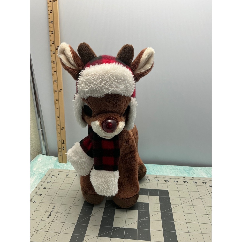 Rudolph Red-Nosed Reindeer Plush Buffalo Plaid‎ Trapper Hat Scarf Christmas 14in